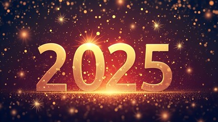 A vibrant illustration celebrating New Year 2025 with retro lightbulb-style numerals, a red ribbon banner with "Happy New Year" message, and a starry night sky background adorned with sparkling lights