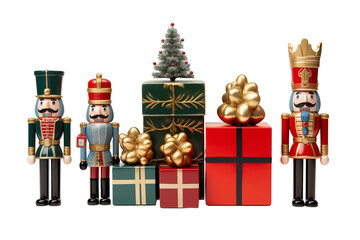 Set of Christmas ornaments with nutcracker figures, colorful presents, and decorated tree, creating festive holiday atmosphere.