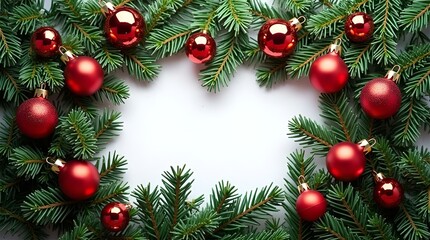 A festive Christmas border created with fresh green fir branches and shiny red ornaments on a clean white background, offering a perfect space for holiday greetings or promotional messages.