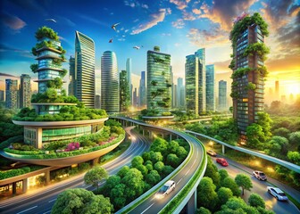 Fototapeta premium Future Vision Green City: A Long Exposure Perspective of Sustainable Urban Design and Innovation