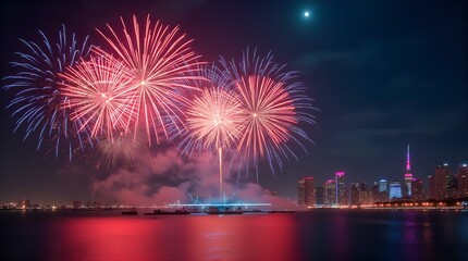 Colorful fireworks explode over a city skyline at night, reflected in the water below.