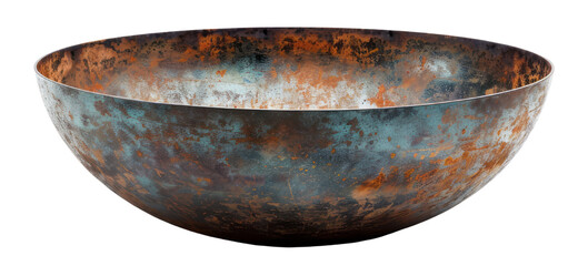 Fototapeta premium A large round metal bowl without patterns or designs, with an antique look and texture, set against a empty background.