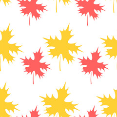 Maple leaf. Repeating vector pattern. Flat style. Isolated colorless background. Continuous ornament of yellow and red leaves. The leaf shape is crown-shaped. Idea for web design.
