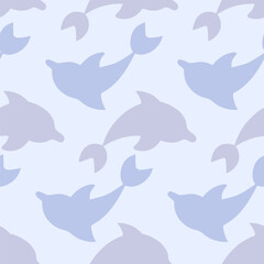 Lilac dolphin emerges from water. Blue sea mammal in reflection. Seamless vector pattern. Repeating ornament of sea mammals. Isolated light background. Flat style. Ocean inhabitant with fins and tail.