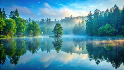 A tranquil forest lake scene with a light blue misty atmosphere, water, trees, natural, serenity, mist