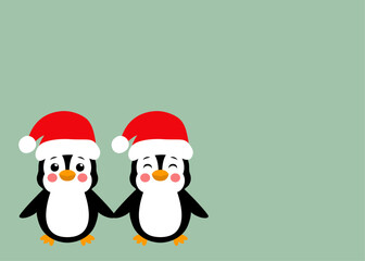 Tiempo de Navidad. Banner horizontal con pareja de pingüinos con sombrero de Santa Claus cogidos de la mano para tarjetas y felicitaciones