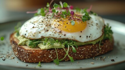 Avocado toast topped with a perfectly poached egg and fresh microgreens served on an elegant ceramic plate