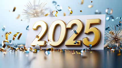 2025 celebration with golden numbers, confetti, and festive decorations, creating joyful atmosphere for New Year
