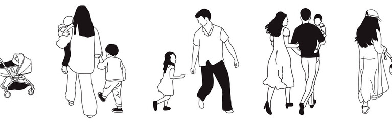 Hand-drawn doodle family border. Outline family clipart. Hand-drawn black art.