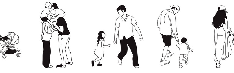 Hand-drawn doodle family border. Outline family clipart. Hand-drawn black art.