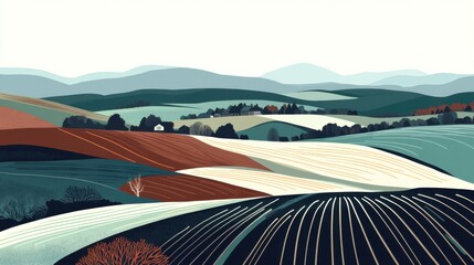 Countryside landscape vector, illustrating fields and farms with distant hills, flat and bright design