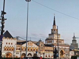 Naklejka premium Moscow Kazansky railway station (terminal)is one of nine railway terminals in Moscow, situated on the Komsomolskaya Square across the square from the Leningradsky and Yaroslavsky stations, in evening.