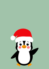 Tiempo de Navidad. Banner vertical con pingüino alegre con sombrero de Santa Claus saludando para tarjetas y felicitaciones