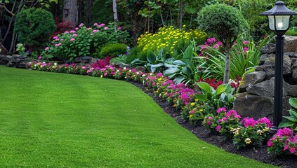 Fototapeta premium A beautiful garden filled with a variety of flowers and lush grass