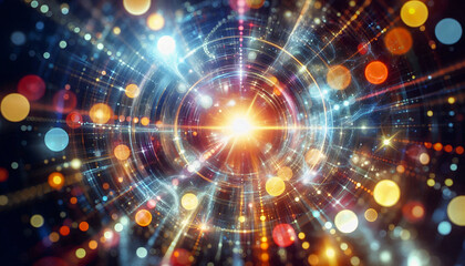 Obraz premium Radiant burst of lights and circles in a futuristic, sci-fi style, suggesting cosmic energy and motion