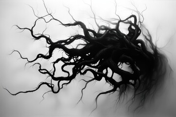Abstract black tendrils intertwine against a light background, creating a striking visual contrast and a sense of movement.