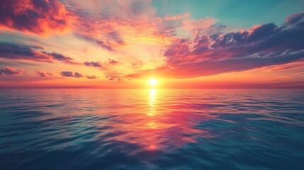 Obraz premium A vibrant sunset paints the sky with fiery hues as the sun dips below the horizon, reflecting on the calm ocean waters.