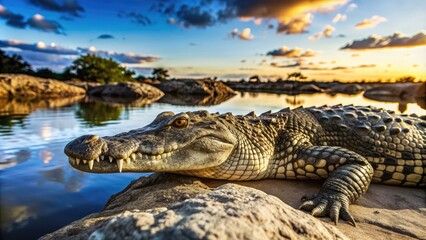 Fototapeta premium A crocodile basking on a rock by the water during sunset, showcasing its textured skin against a vibrant sky reflecting on the calm water surface.