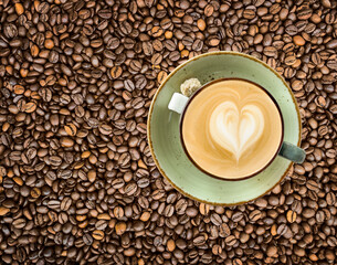 Cappuccino, latte, coffee with milk in a white glass mug on a background of coffee beans. Coffee foam. View from above. Coffee beans. Space for text. Copy space