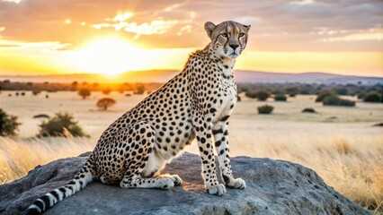 Obraz premium Cheetah perched on a rock, bathed in the golden light of sunset, showcasing its beautiful spots and the vast savannah landscape.
