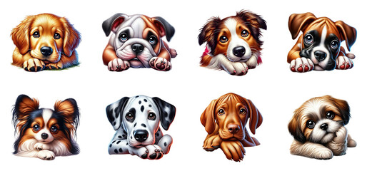 Adorable puppy faces collection, isolated on transparent background