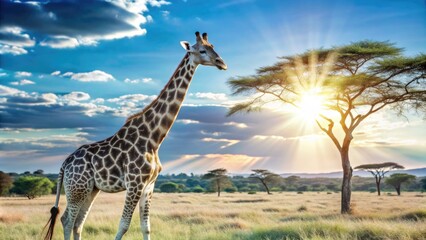Giraffe standing gracefully in a vast savannah under a beautiful sky, with vibrant sunlight illuminating the landscape.
