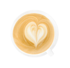 Cappuccino, latte, coffee with milk in a white glass mug. The drawing on the coffee foam. View from above. On a white background. Isolated. Space for text. Copy space