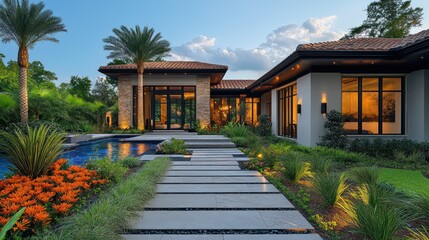 Fototapeta premium Elegant modern home with landscaped garden and pool.