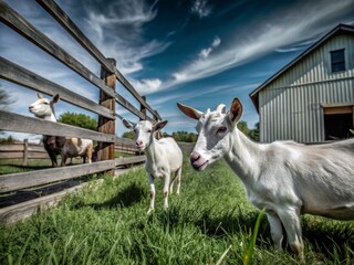 Fototapeta premium Goats in a Sunny Farm Setting with Open Space for Text and Content Creation