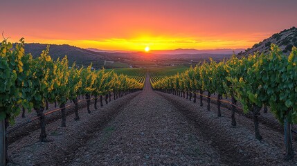 Naklejka premium Sunset over a vineyard with rows of grapevines.