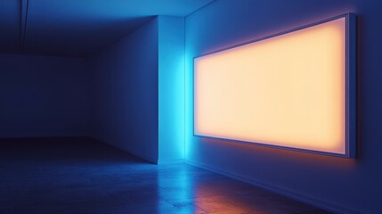 A modern art space featuring a large illuminated panel with soft gradients, contrasted against a minimalist background.