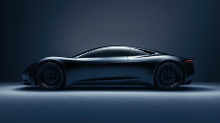 Obraz premium A sleek black sports car is illuminated against a dark background, showcasing its modern design and aerodynamic profile.