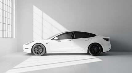 A sleek, white car parked in a minimalist space, illuminated by soft light streaming through large windows.
