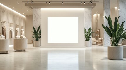 A spacious, elegant interior featuring a blank display, soft lighting, and decorative plants, creating a modern, serene atmosphere.