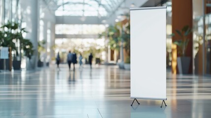 A clean, modern space featuring a blank display banner; people can be seen in the background, emphasizing an event or exhibition atmosphere.