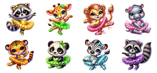 Cute animals in ballerina outfits, animal ballet, isolated on transparent background