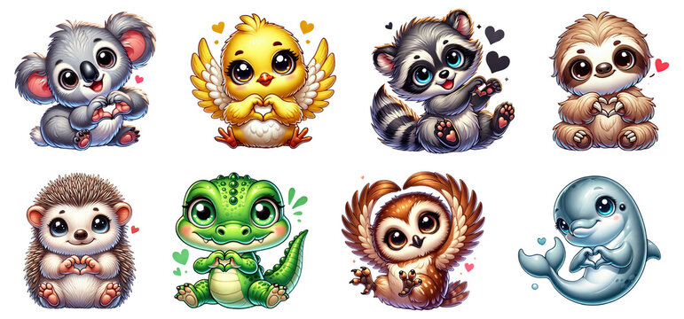 Adorable kawaii animal collection isolated on transparent background