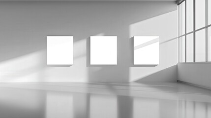 Fototapeta premium A minimalistic gallery space featuring three blank frames on a white wall, illuminated by natural light streaming through large windows.