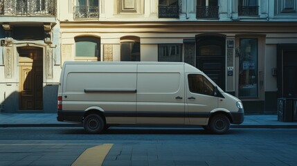A light-colored van parked beside historic buildings on a quiet street, showcasing urban architecture and morning sunlight.