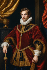 Renaissance-style painting portrait of a young king in noble background, Generative AI	
