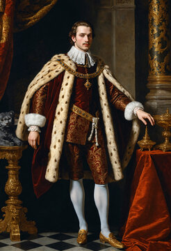 Renaissance-style painting portrait of a young king in noble background, Generative AI	
