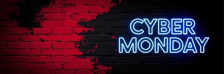 Obraz premium Cyber Monday neon sign on red and black brick wall, ideal for sale promotions, e-commerce, and holiday shopping.