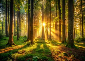 Golden Rays Illuminating Forest Architecture - Nature's Design in Light and Shadow