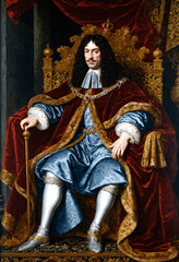 Renaissance-style painting portrait of an old king in noble background, Generative AI	
