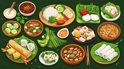 A vibrant assortment of Asian dishes arranged on a table.