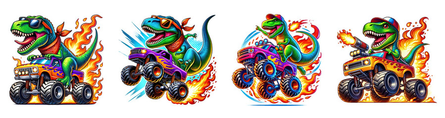 T-Rex dinosaur riding monster truck with fire, wearing sunglasses and a hat, isolated on transparent background