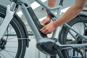 Repairing an e-bike. Urban cyclist maintaining and servicing an electric bicycle with modern tools.