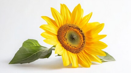Naklejka premium A vibrant sunflower with green leaves against a white background.