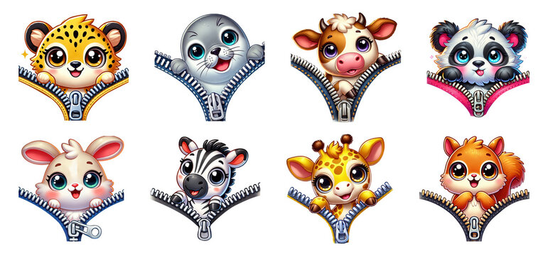 Cute animals popping out of zippers, isolated on transparent background