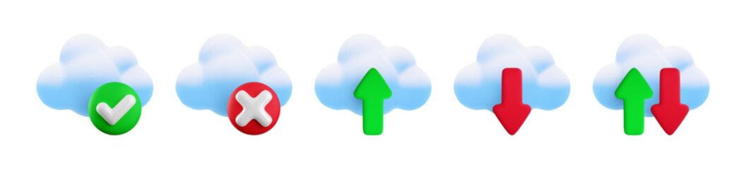 Vector cartoon 3d cloud computing icon set. Realistic cloud, upload download arrows, green yes checkmark and red cross x sign. Digital online cloud technology, data transfer, server storage concept.